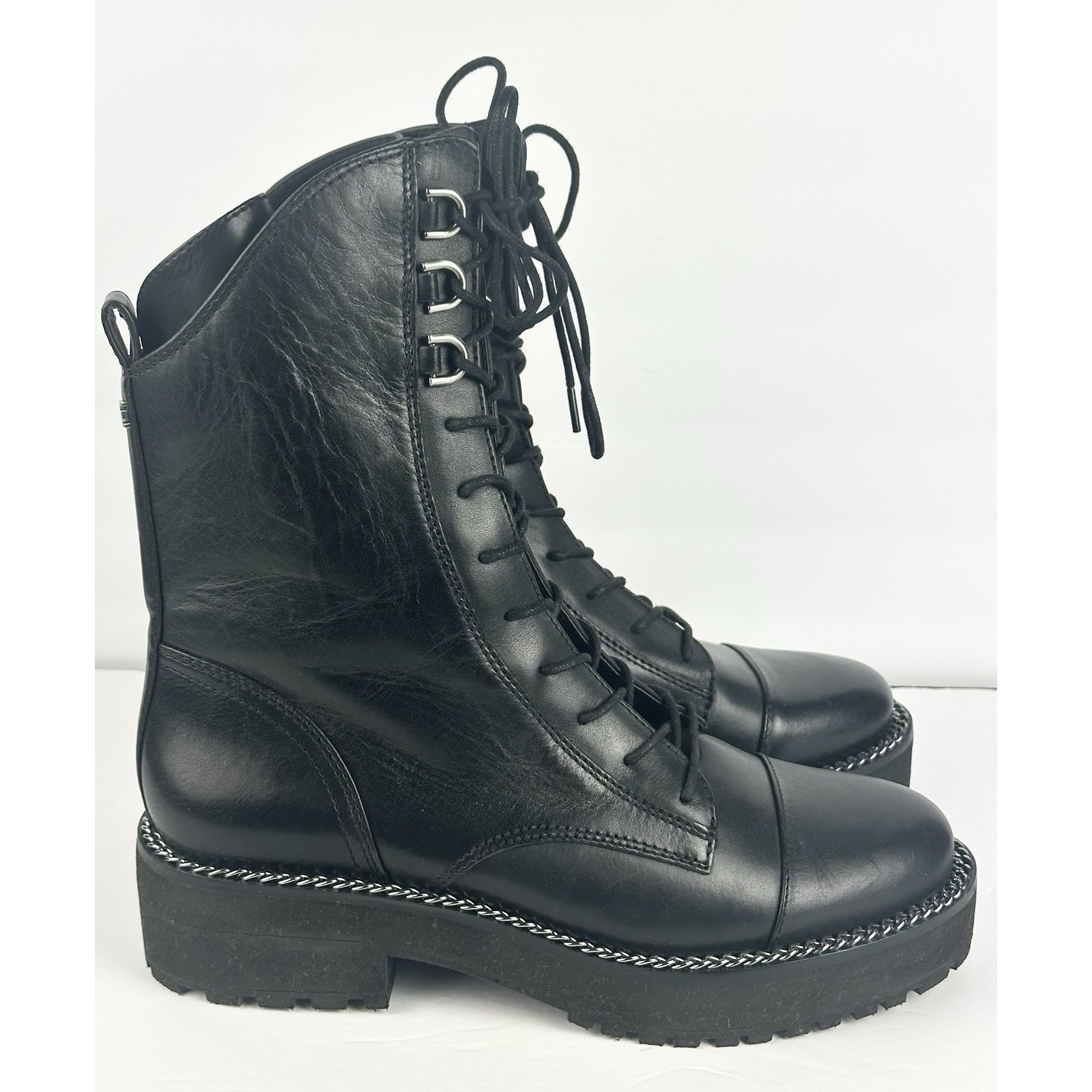 Women's Sam Edelman Lenley 8m Black Leather Lace Up/Zip Closure Combat Boot
